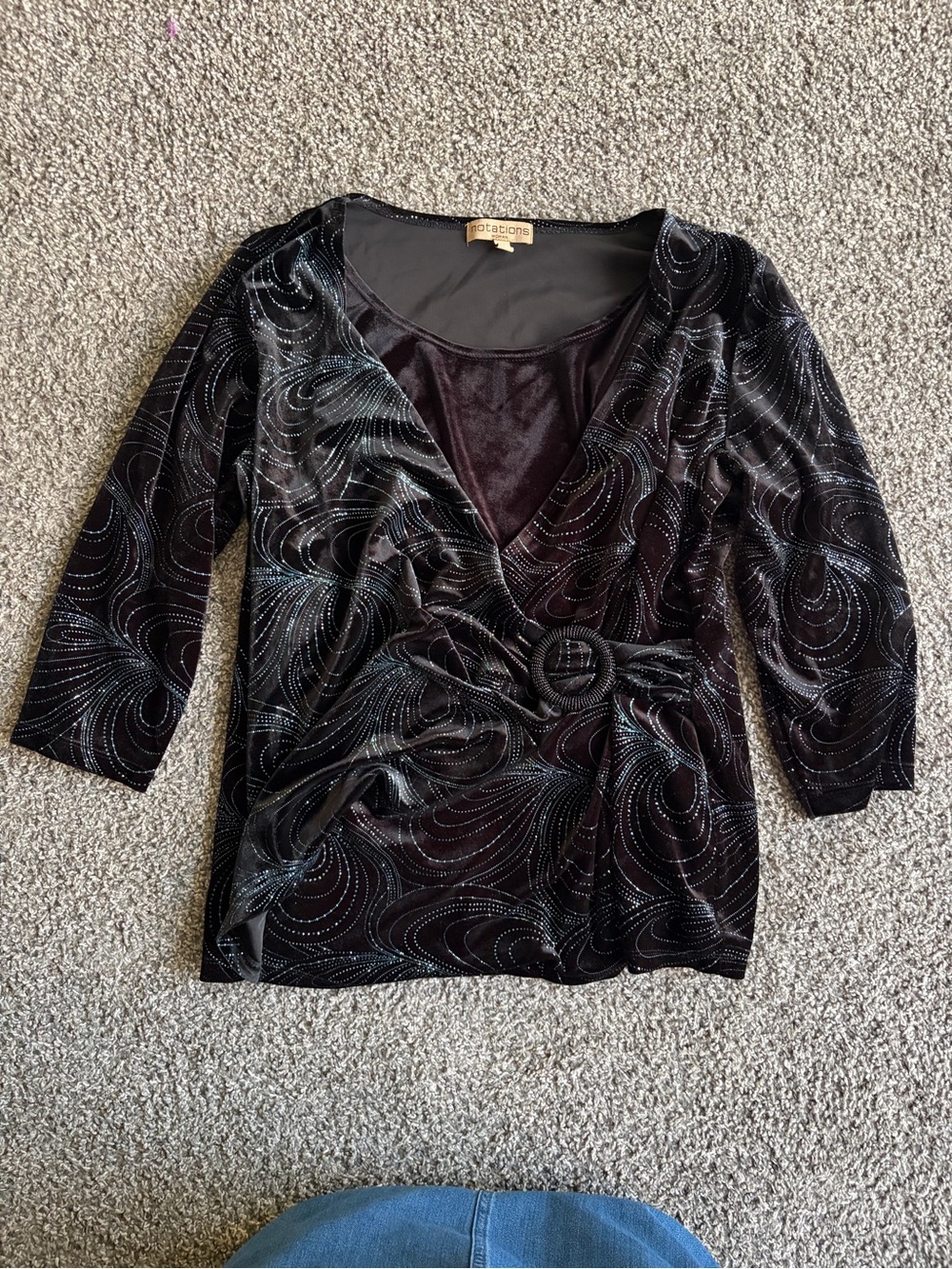 Y2K Notations Black Velvet Wrap Top with Teal Swirl Detail